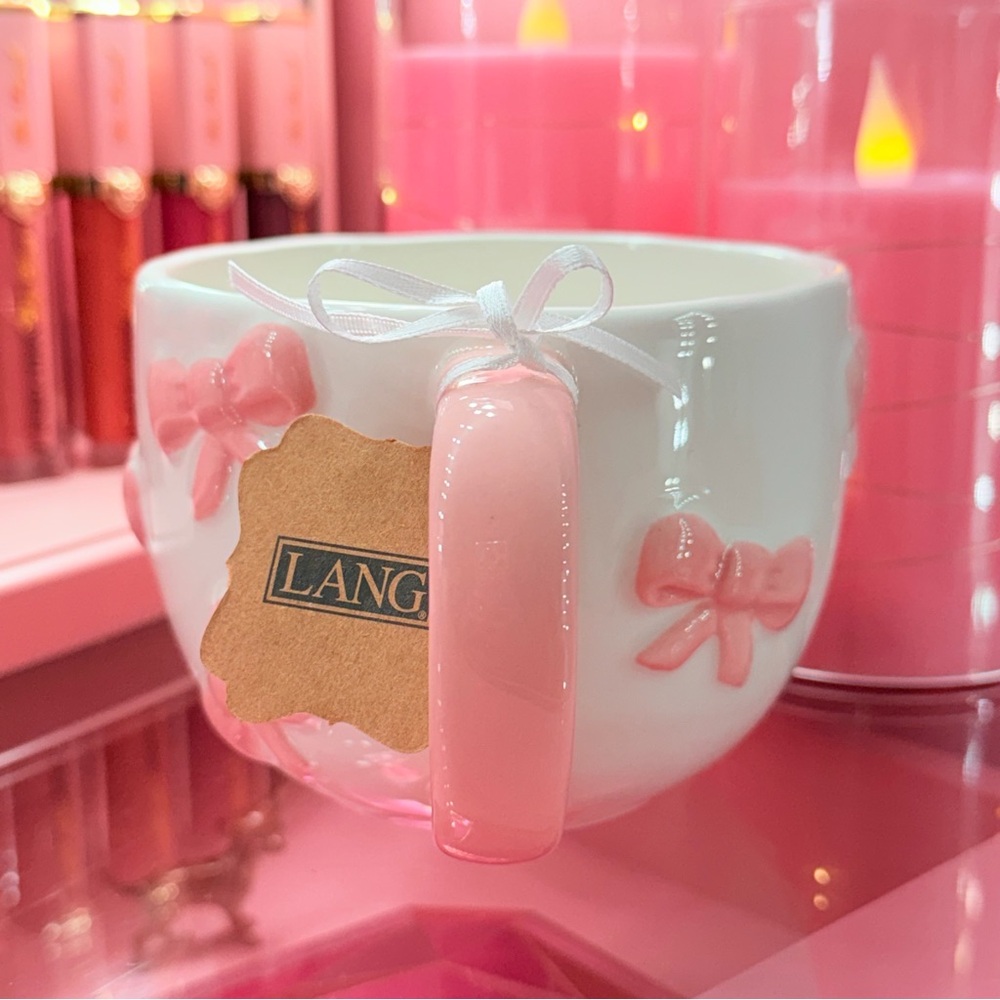 Pink Bow Coquette Girly Ceramic Hand Painted Coffee Cup Mug - Picture 2 of 3